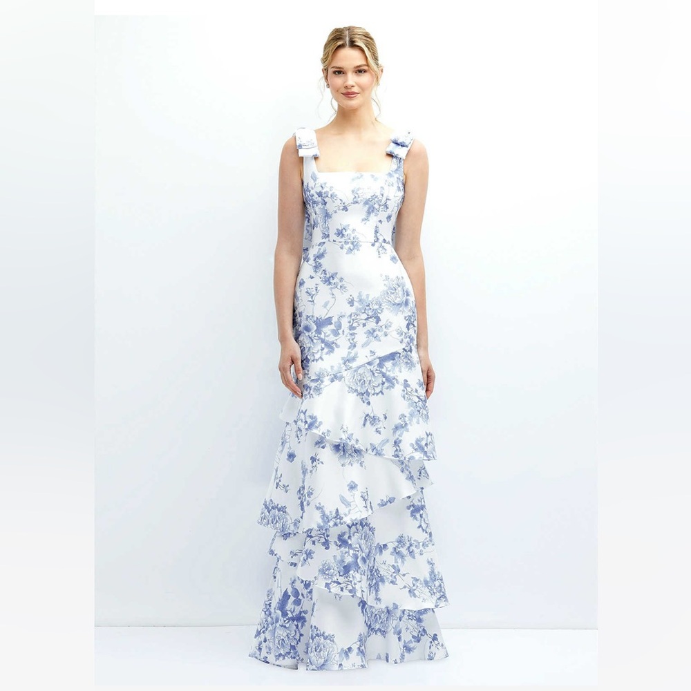 Floral Bow-Shoulder Satin Maxi Dress with Asymmetrical Tiered Skirt in Cottage-